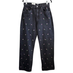 Cotton On Loose Straight Jean Black Washed Denim Pink Floral Embroidered